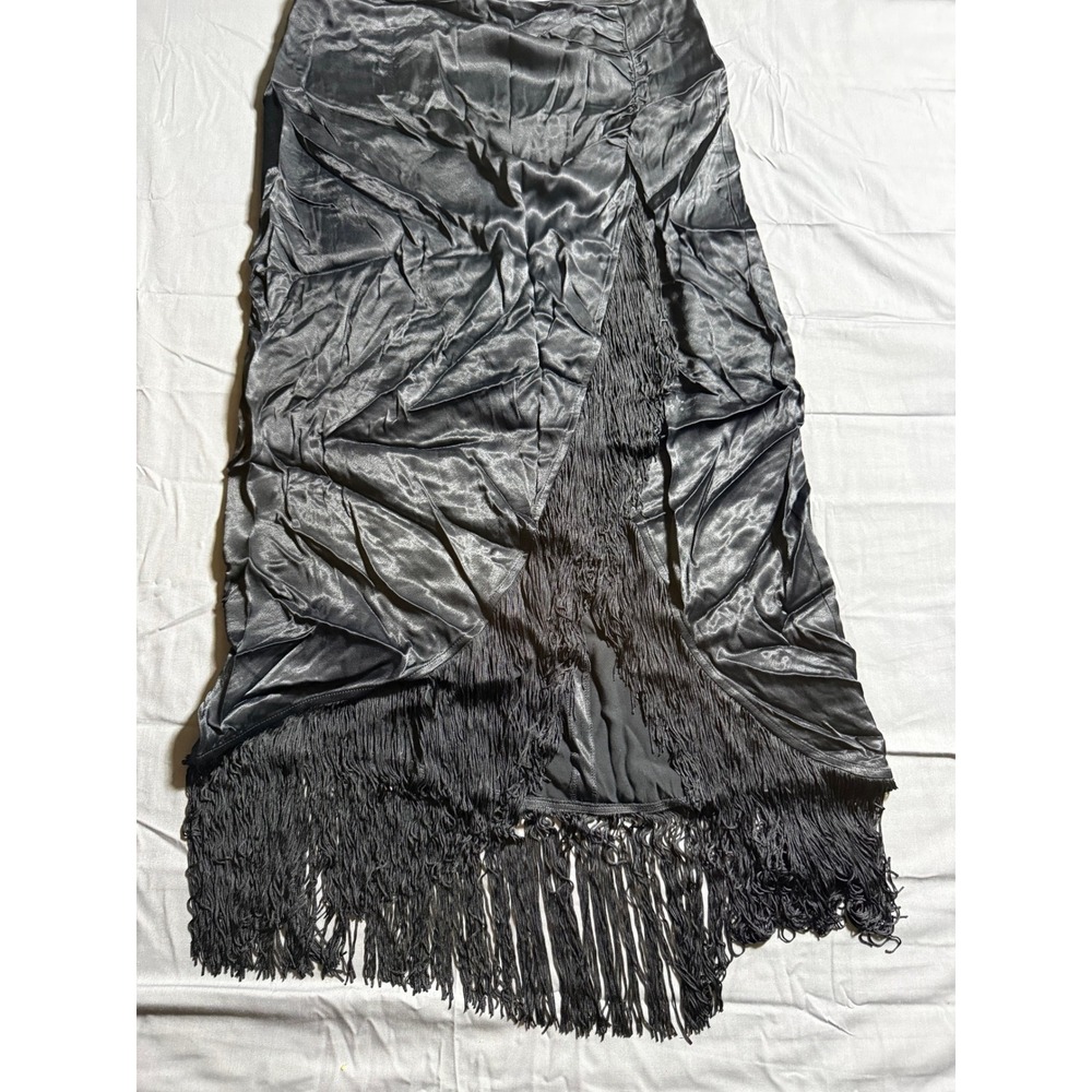 Anthropologie Fringe Midi Skirt Women Size 6 Black Satin Slit Ruched High Waist